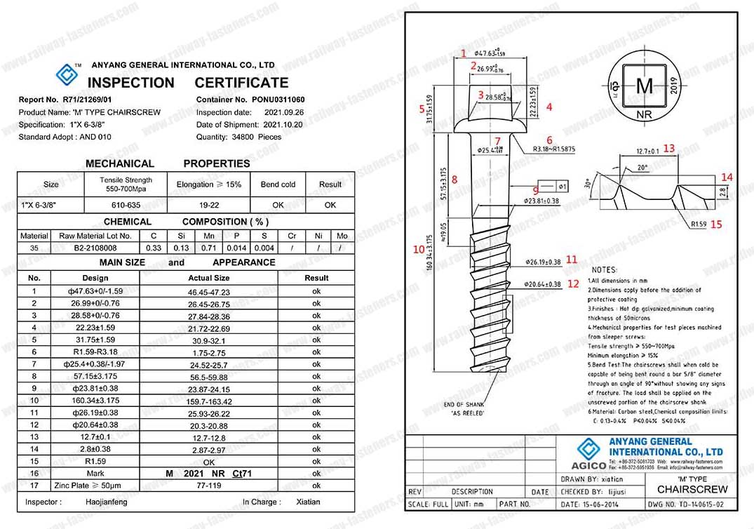 certification of coach screw